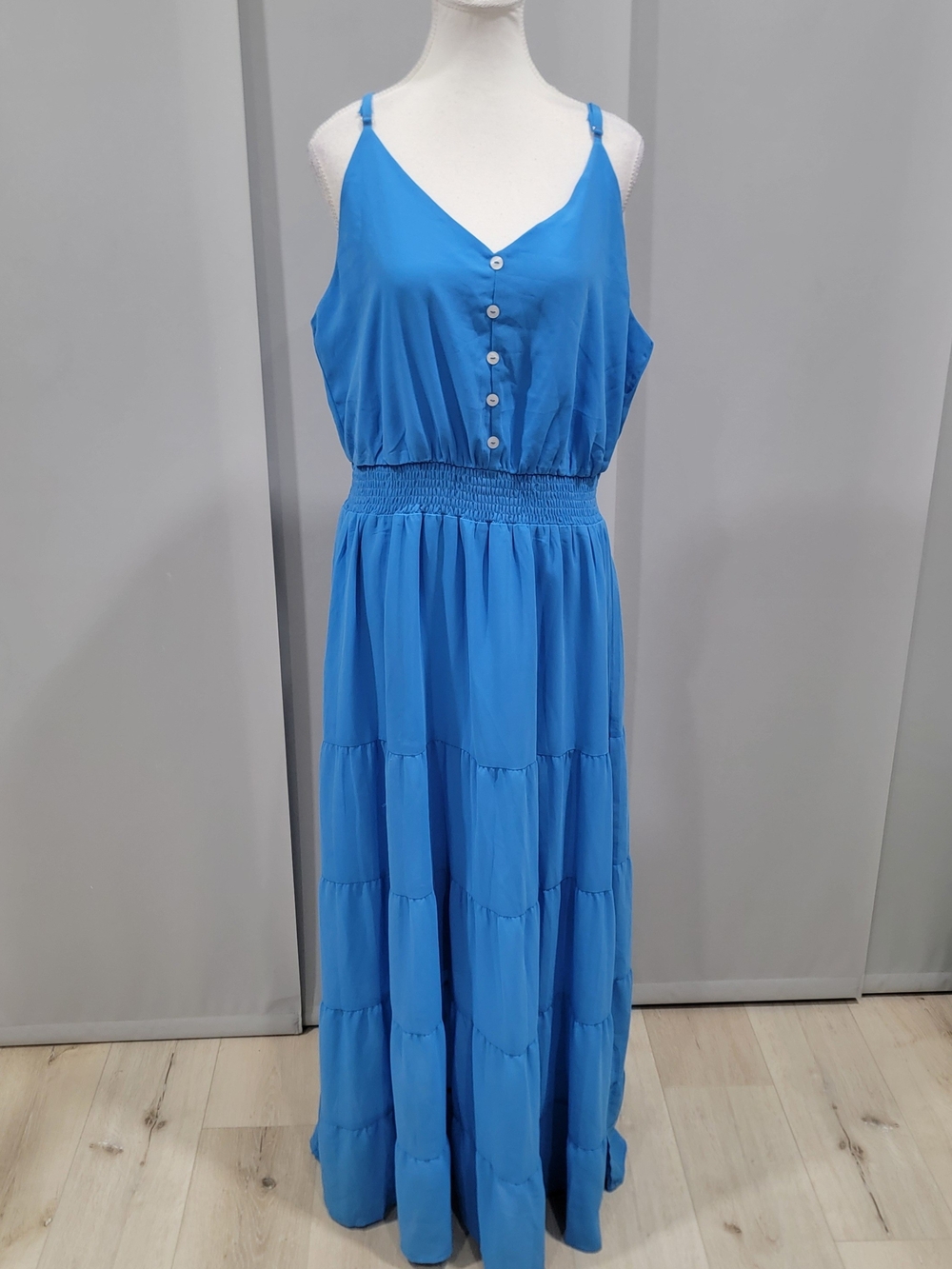 Blue Tiered Maxi Dress with Button Front